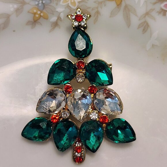 Vtg MCM Unsigned Standing Glass Teardrop Rhinestone Christmas Tree Brooch - Picture 1 of 4